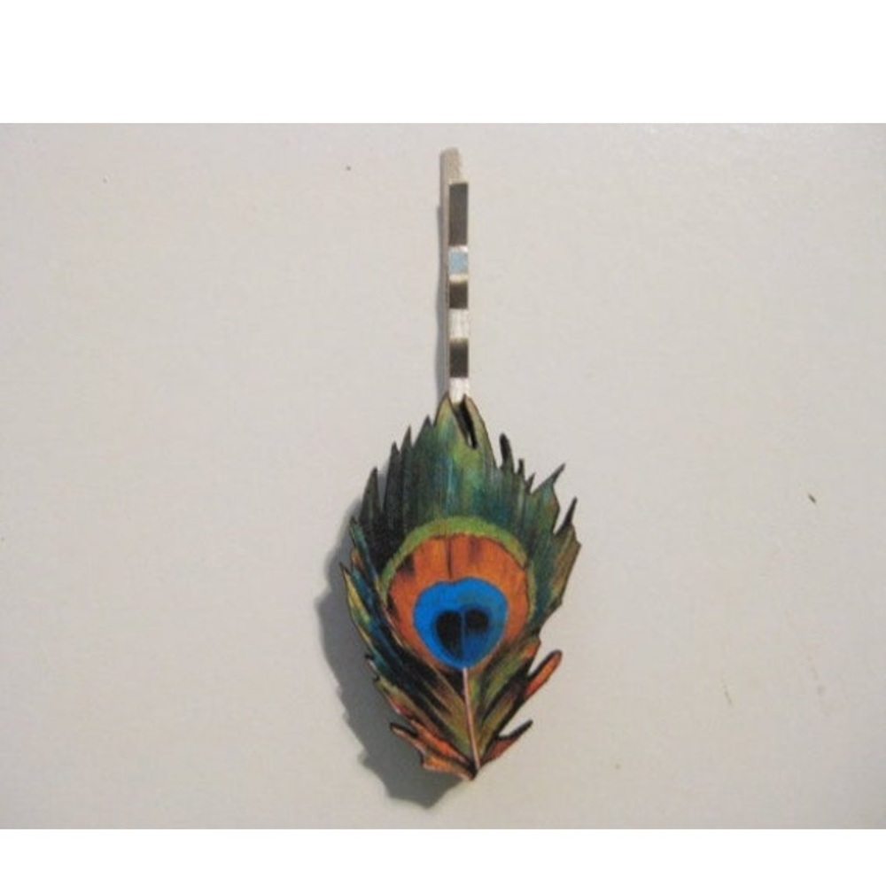 Wooden Peacock Feather Bobby Pin - Picture 2 of 4